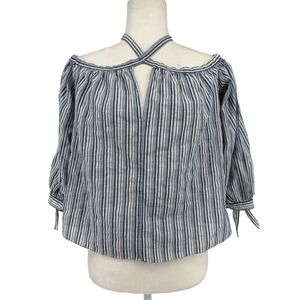 Rebecca Taylor Blue White Striped‎ Cold Shoulder Halter Blouse Tie Cuff Size 4